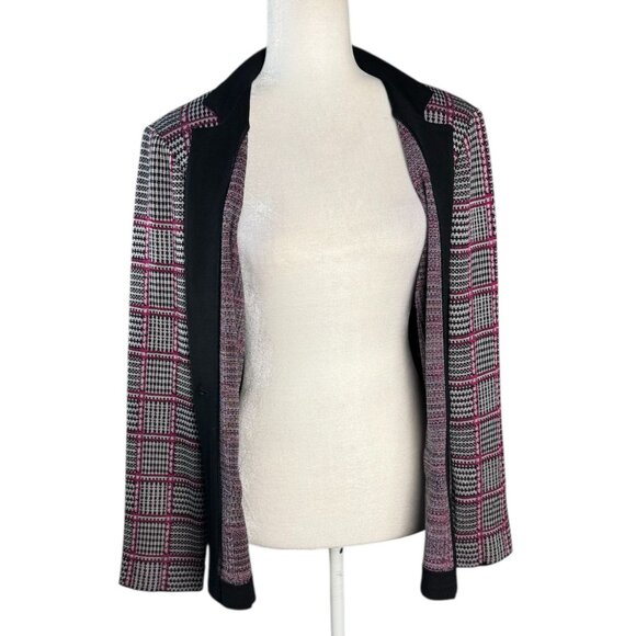 Ming Wang Women's Blazer Jacket Size L Pink Black White Plaid Knit Zip Pockets - Picture 9 of 10